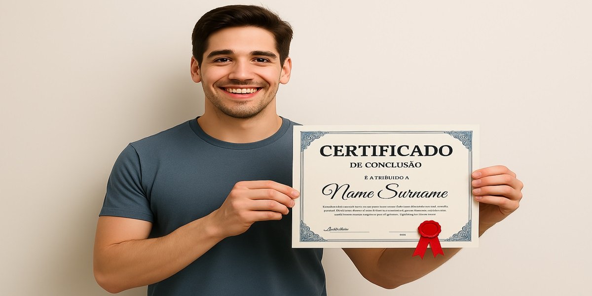 Pessoa exibindo certificado decorativo com selo e borda colorida, parcialmente visível