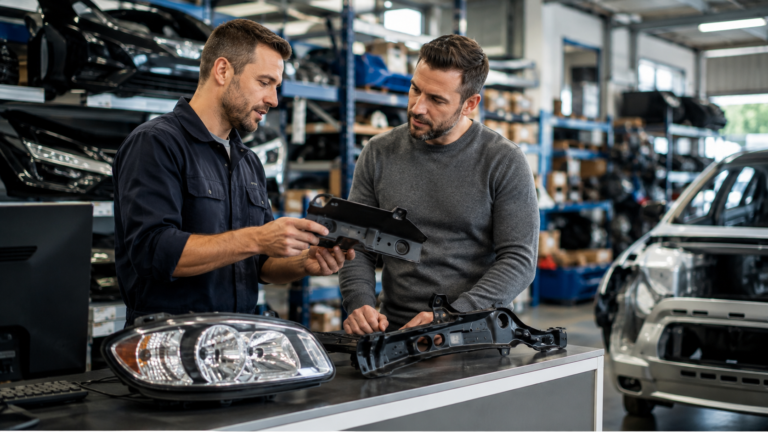 Consultor especializado orientando cliente na escolha de peças automotivas em distribuidora, com componentes de lataria expostos e veículo em reparação ao fundo, destacando a importância de peças confiáveis para funilaria e pintura.