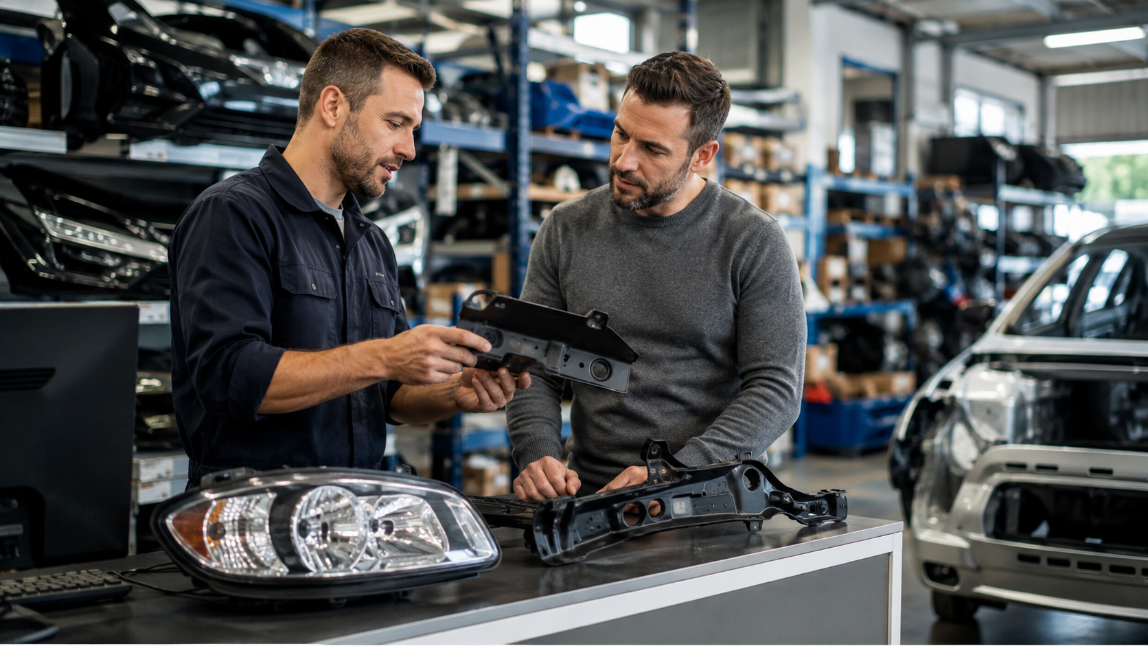 Consultor especializado orientando cliente na escolha de peças automotivas em distribuidora, com componentes de lataria expostos e veículo em reparação ao fundo, destacando a importância de peças confiáveis para funilaria e pintura.