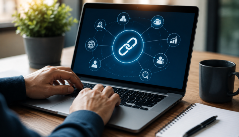 Profissional utilizando notebook com visualização de conexões digitais e backlinks, representando estratégias de Link Building para fortalecer a autoridade de um site, melhorar o SEO e aumentar a visibilidade orgânica nos mecanismos de busca em 2026.