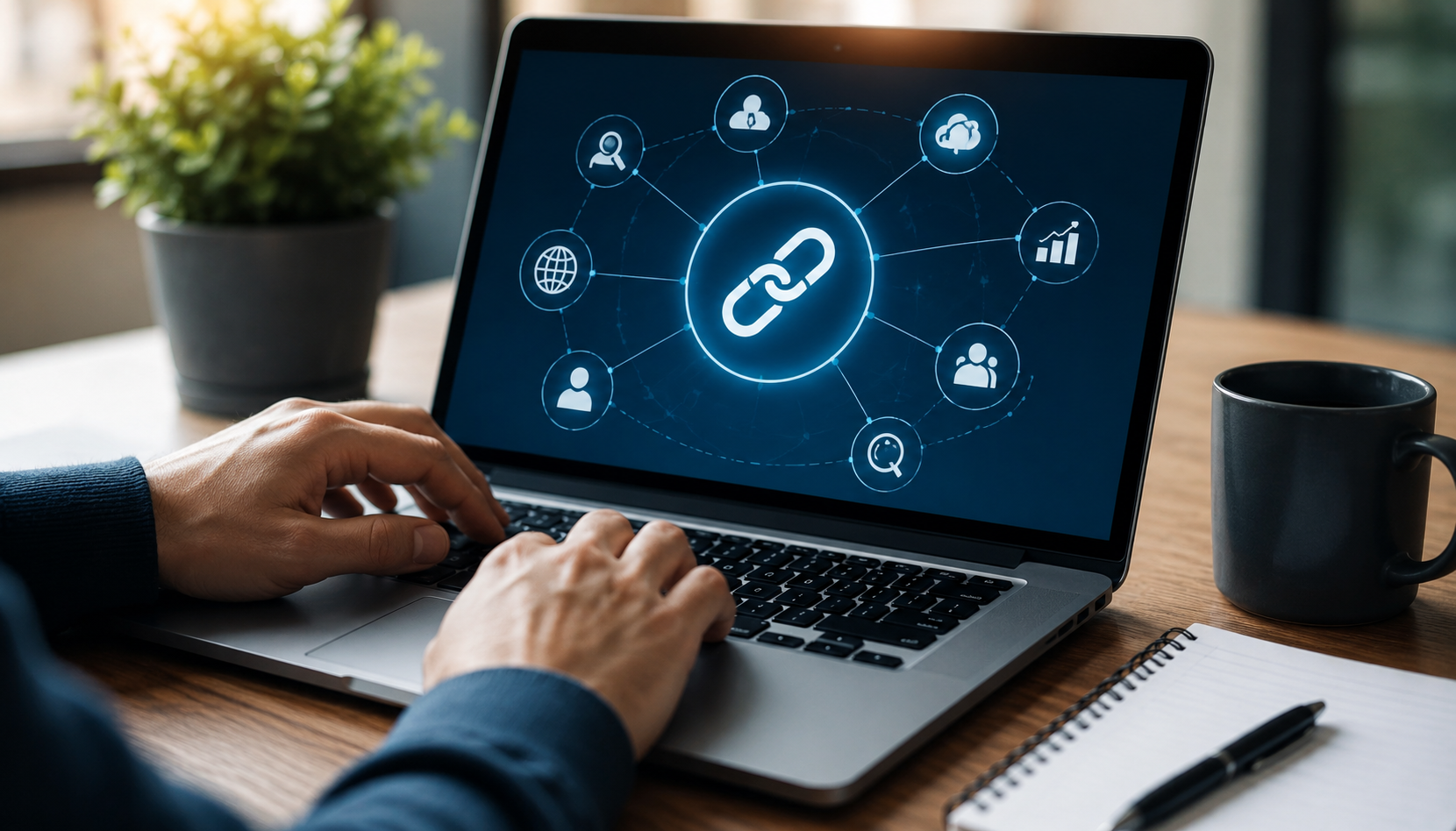 Profissional utilizando notebook com visualização de conexões digitais e backlinks, representando estratégias de Link Building para fortalecer a autoridade de um site, melhorar o SEO e aumentar a visibilidade orgânica nos mecanismos de busca em 2026.