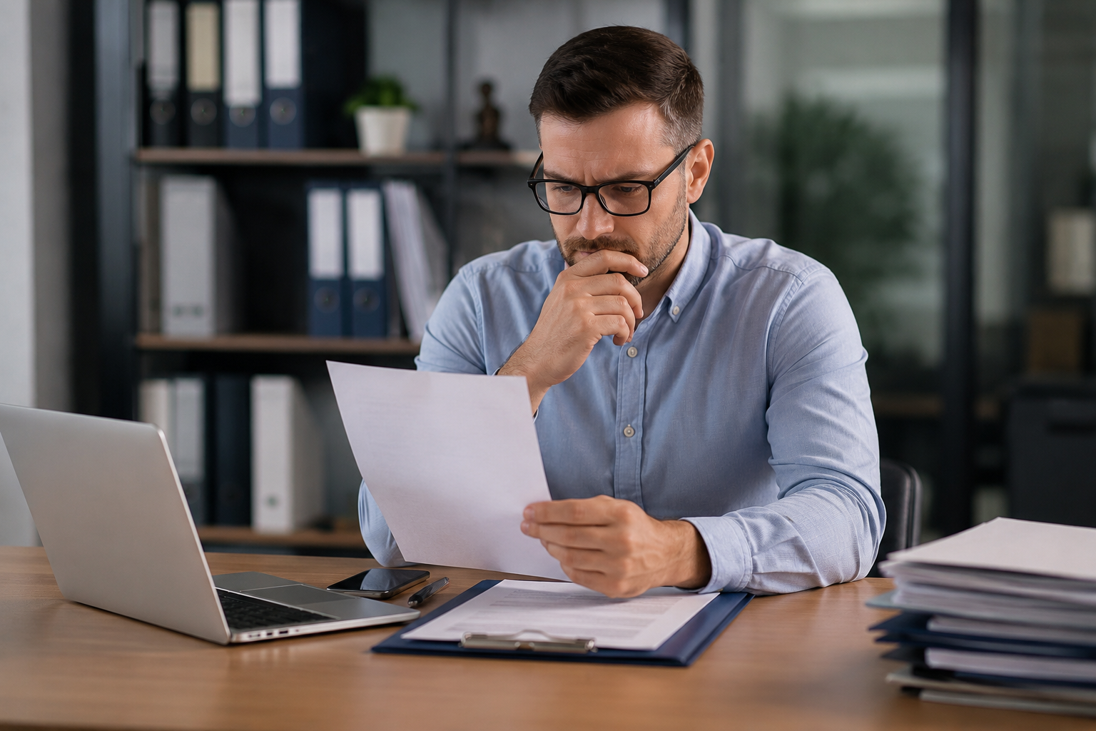 Servidor público analisando atentamente um documento de indeferimento de licença em ambiente de escritório, com notebook e documentos sobre a mesa, representando a avaliação administrativa e jurídica da decisão.
