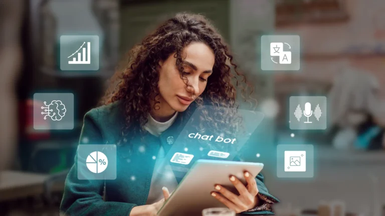 mulher usando tablet chatbot em escritorio